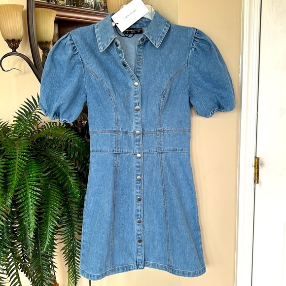 Brand New The Fifth Label Denim Jean Dress Puff Sleeve Button Front Blue Mini - Picture 15 of 16